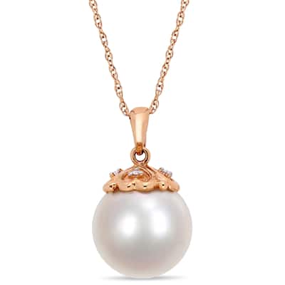 Miadora 10k Rose Gold Cultured Freshwater Pearl Diamond Drop Necklace (11-12mm)