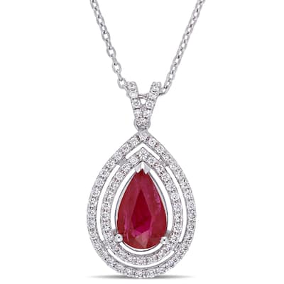 Miadora 18k White Gold Ruby & 1/3ct TDW Diamond Floating Double Halo Teardrop Necklace