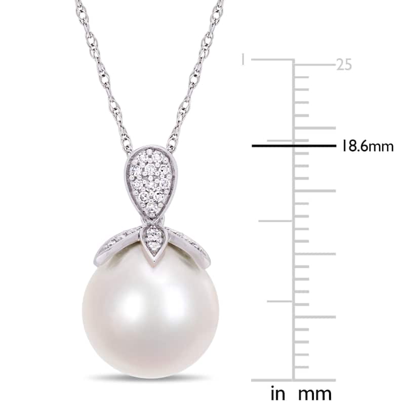 Miadora 10k White Gold Cultured Freshwater Pearl 1/10ct TDW Diamond Drop Necklace (11-12mm)