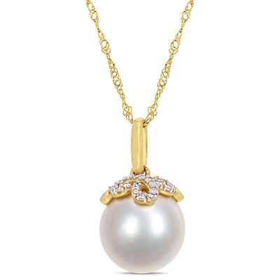 Miadora 14k Yellow Gold South Sea Cultured Pearl Diamond Pearl Drop Necklace (10-11mm)