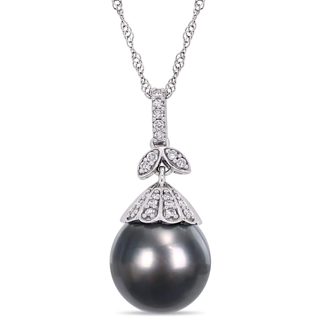 Miadora 14k White Gold Black Tahitian Cultured Pearl 1/10ct TDW Diamond Pearl Drop Necklace (10-11mm)