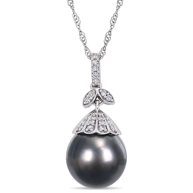 Miadora 14k White Gold Black Tahitian Cultured Pearl 1/10ct TDW Diamond Pearl Drop Necklace (10-11mm)
