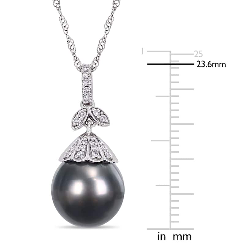 Miadora 14k White Gold Black Tahitian Cultured Pearl 1/10ct TDW Diamond Pearl Drop Necklace (10-11mm)