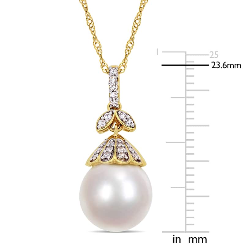 Miadora 14k Yellow Gold White South Sea Cultured Pearl 1/10ct TDW Diamond Drop Necklace (10-11mm)