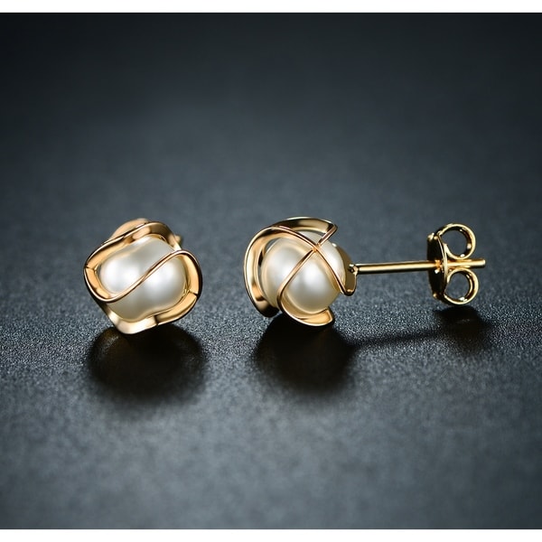 Caged Pearl Stud Earring Made with 18k Yellow Gold Overlay