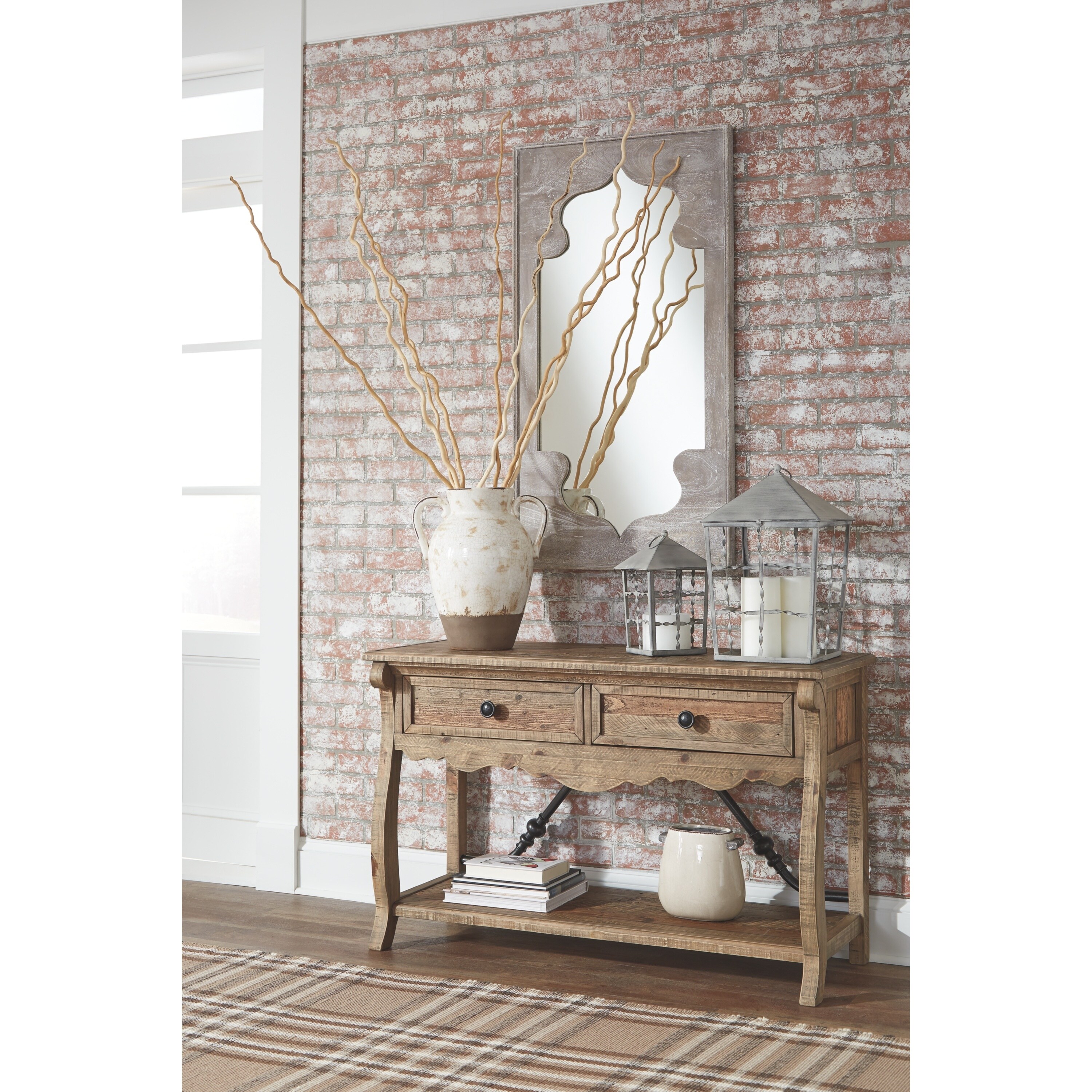 Rustic sofa table displayed in a room setting.