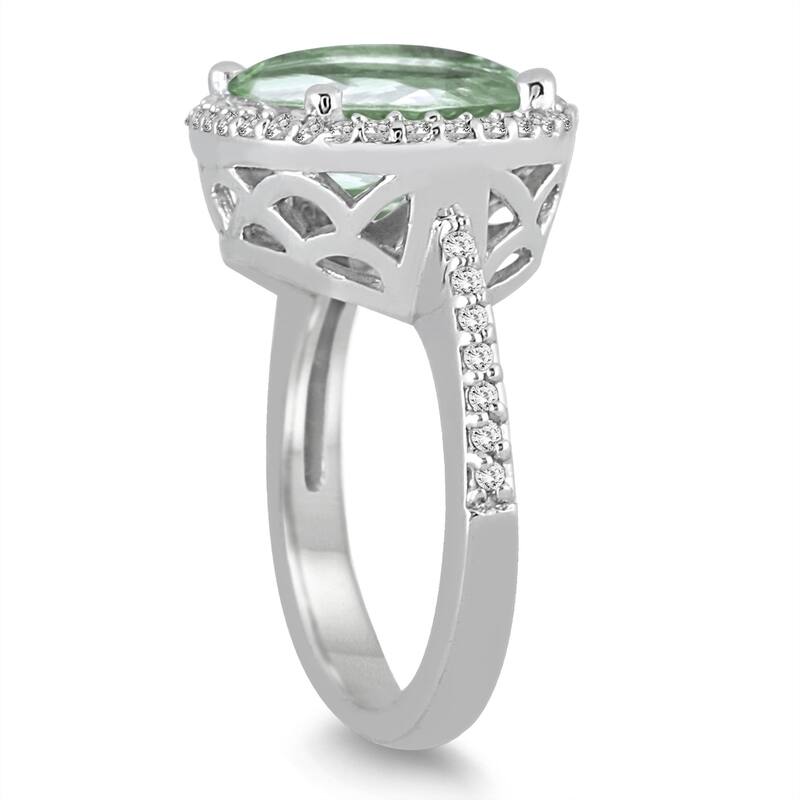 8 Carat Oval Green Amethyst and Diamond Ring in 14K White Gold