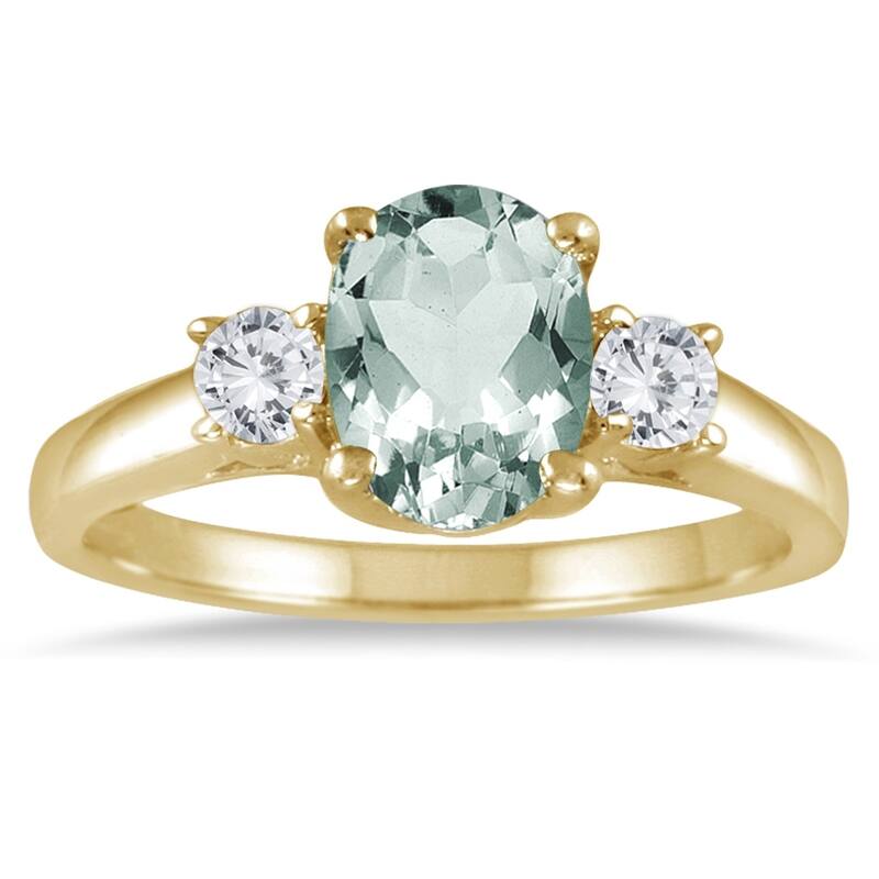 1 3/4 Carat Green Amethyst and Diamond Three Stone Ring 14K Yellow Gold