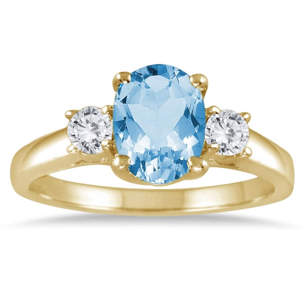 1 3/4 Carat Blue Topaz and Diamond Three Stone Ring 14K Yellow Gold