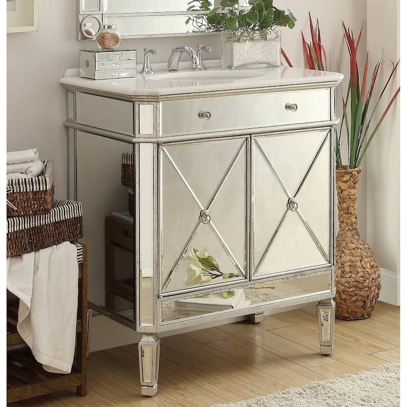 32" Benton Collection Austell Silver Mirrored Modern Bathroom Vanity - N/A