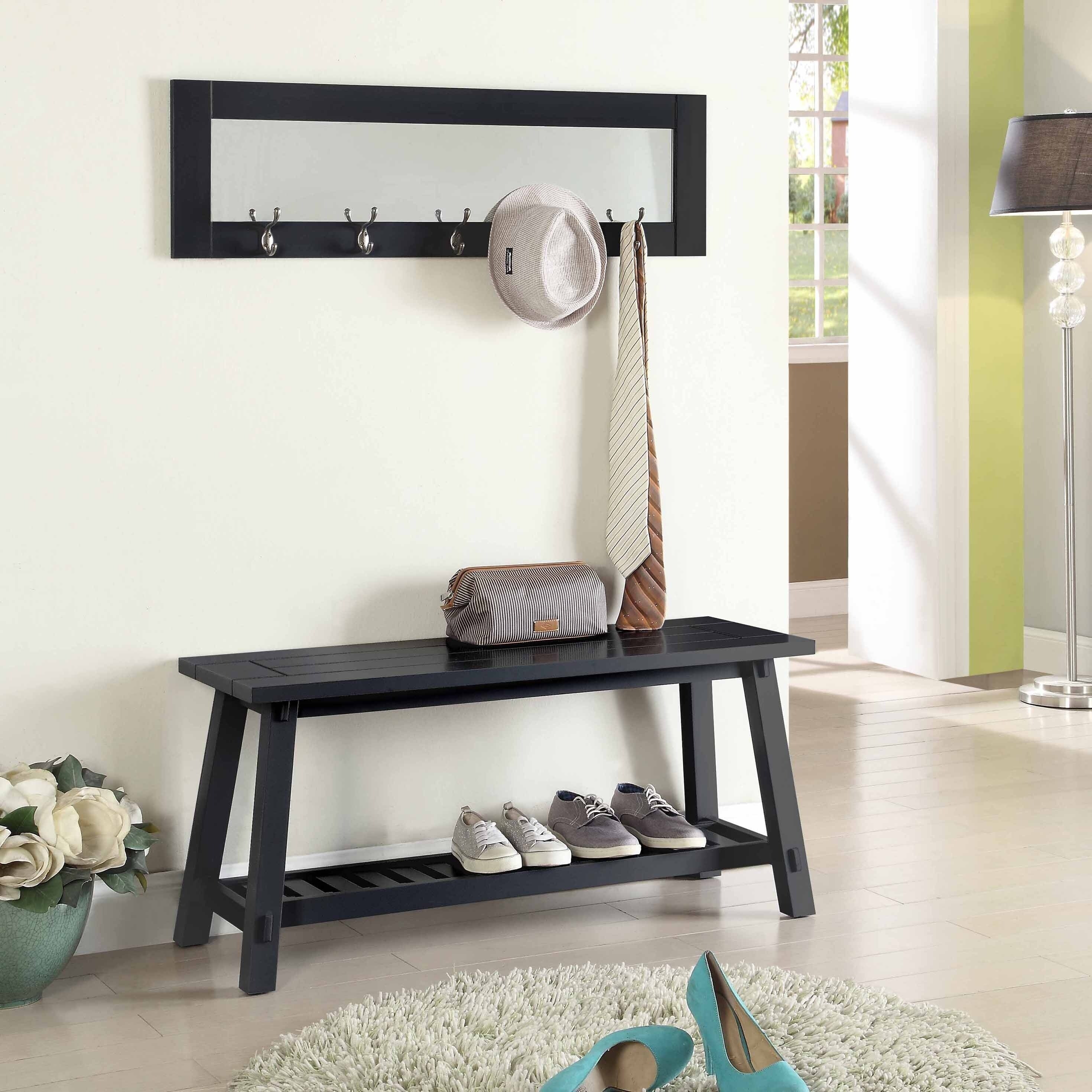 Shop Black Painted Wood Bench With Matching Mirror And Coat Hooks