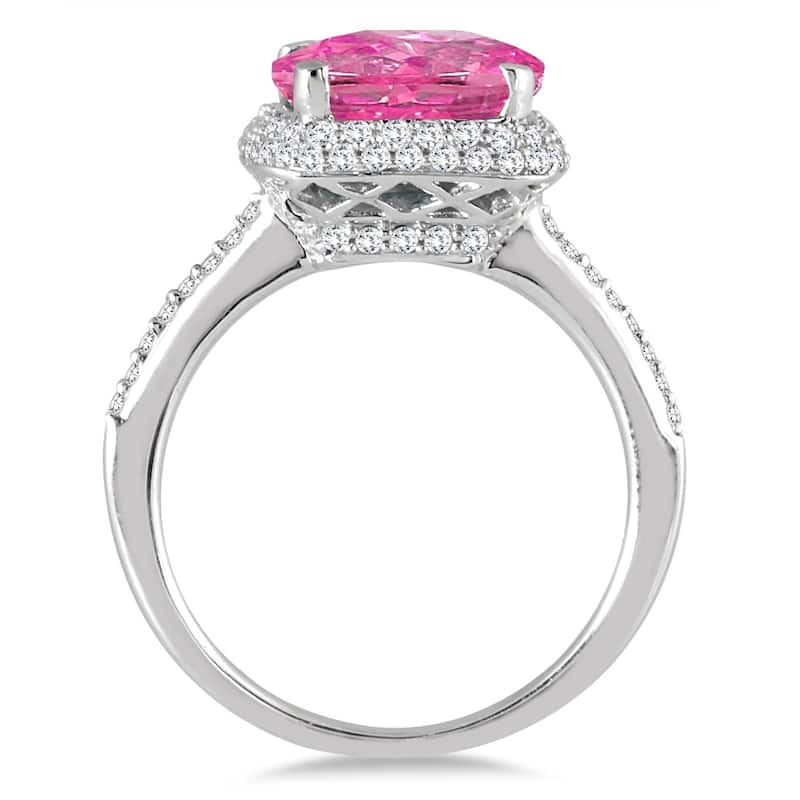 3 1/2 Carat Cushion Cut Pink Topaz and Diamond Halo Ring in 10K White Gold