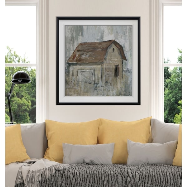 Barn At Dusk -Custom Framed Print - blue, white, grey, yellow, green, silver, gold. Opens flyout.