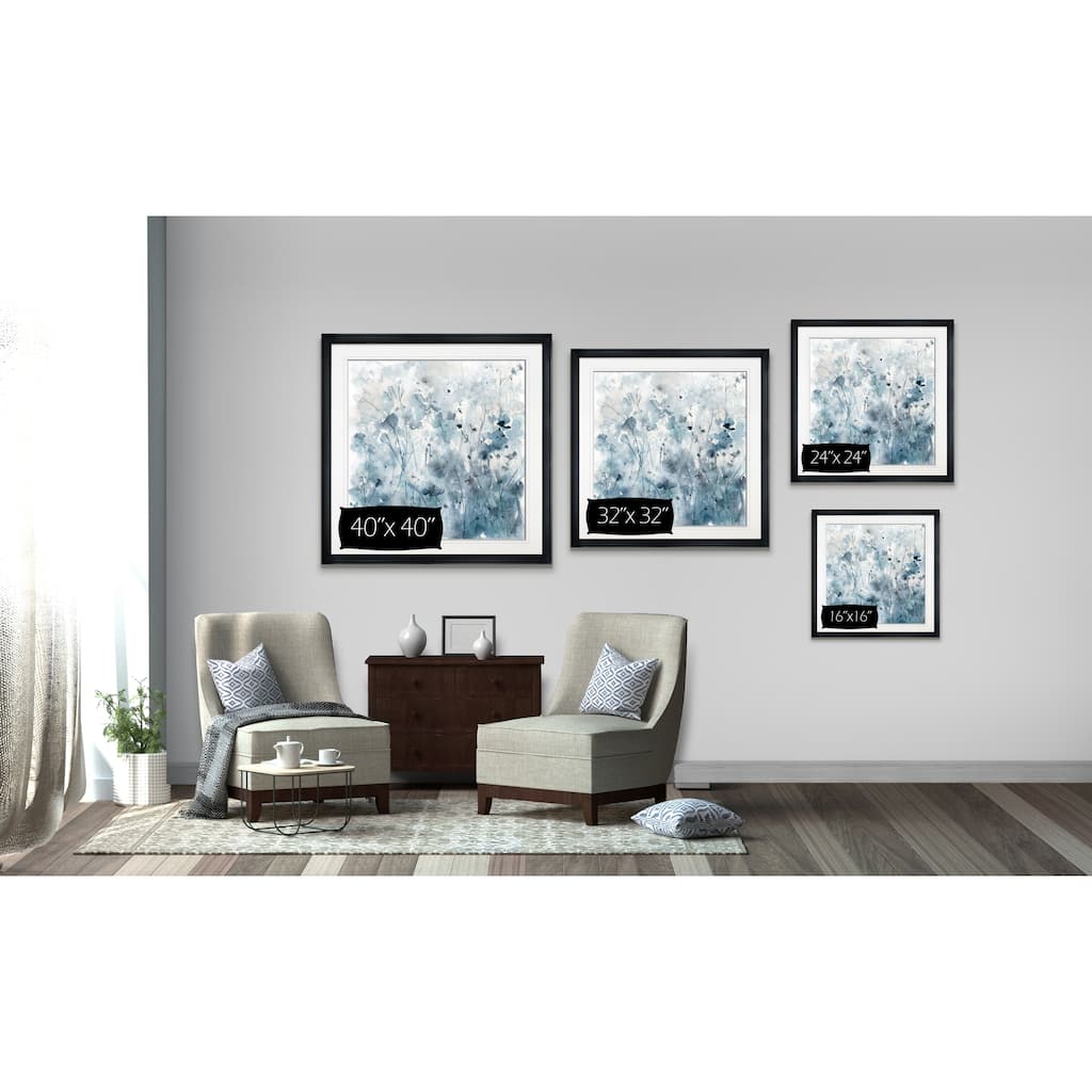 Misty Wildflower Morning -Custom Framed Print - blue, white, grey, yellow, green, silver, gold