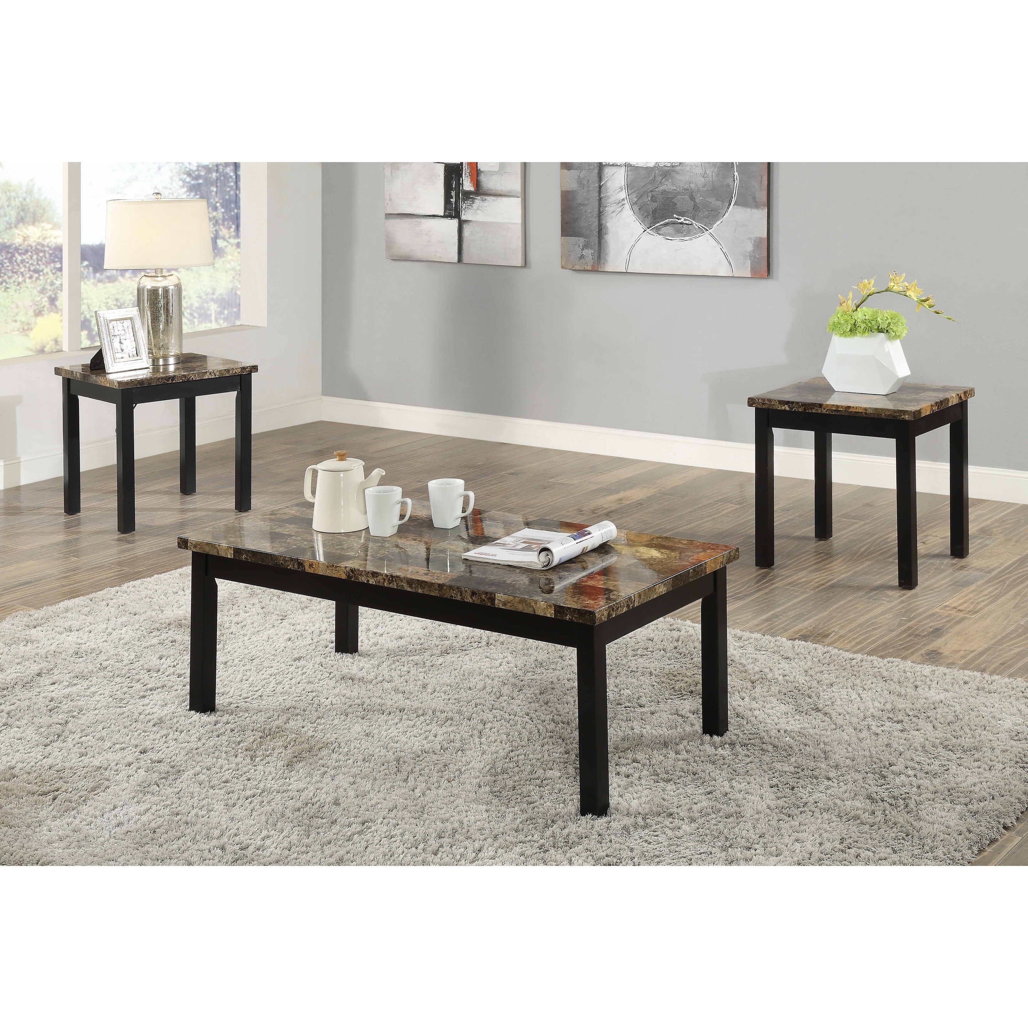 ACME Furniture Finely 3 Piece Coffee and End Table Set Dark Brown//Black