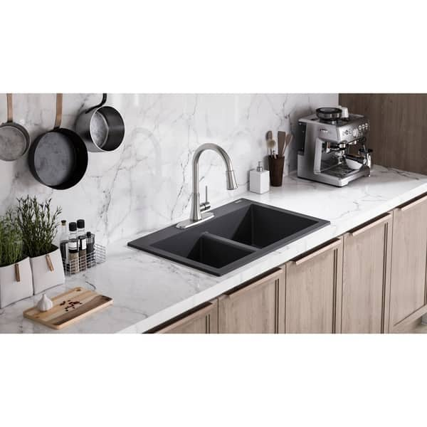 45 Black Quartz Kitchen Sink Double Bowl Drop-In Sink with Drain Board -Wehomz