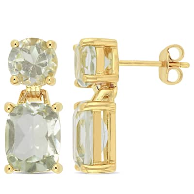 Miadora Yellow Plated Sterling Silver Cushion-Cut Green Amethyst Drop Earrings