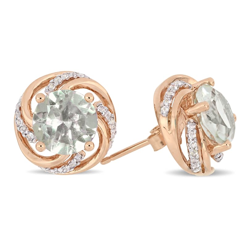Miadora Rose Plated Sterling Silver Green Amethyst & White Topaz Swirl Halo Earrings