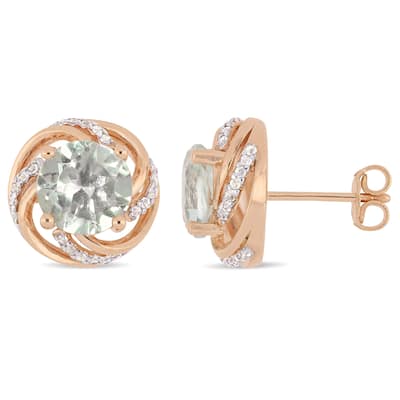 Miadora Rose Plated Sterling Silver Green Amethyst & White Topaz Swirl Halo Earrings