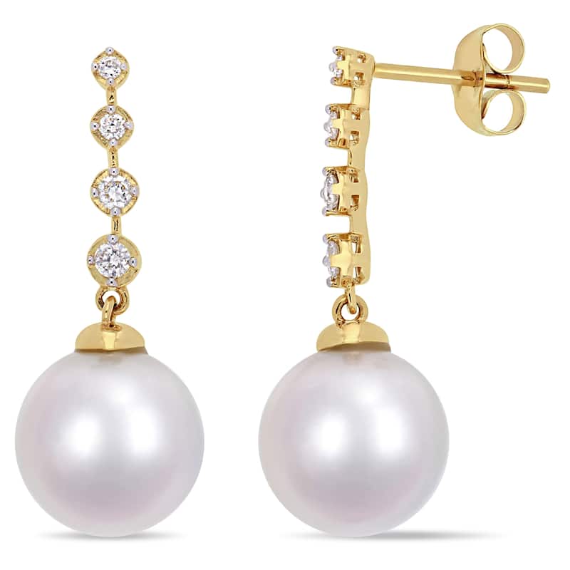 Miadora 14k Yellow Gold White South Sea Cultured Pearl 1/6ct TDW Diamond Drop Earrings (10-10.5mm)