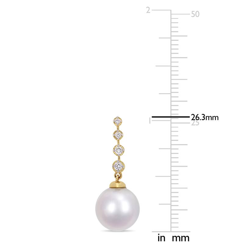 Miadora 14k Yellow Gold White South Sea Cultured Pearl 1/6ct TDW Diamond Drop Earrings (10-10.5mm)
