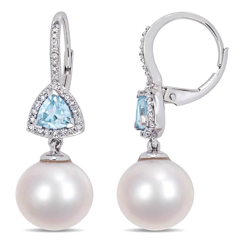 Miadora 10k White Gold Cultured Freshwater Pearl 1/4ct TDW Diamond Sky Blue Topaz Drop Earrings (11-12mm)