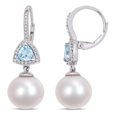 Miadora 10k White Gold Cultured Freshwater Pearl 1/4ct TDW Diamond Sky Blue Topaz Drop Earrings (11-12mm)