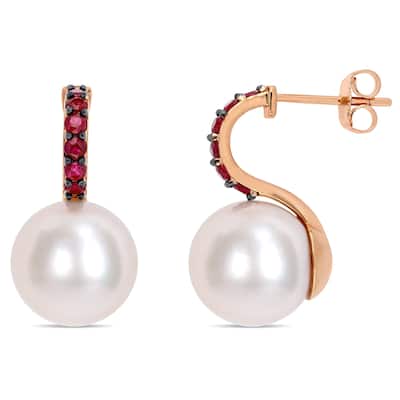 Miadora 10k Rose Gold Cultured Freshwater Pearl Ruby Drop Earrings (11-12mm)