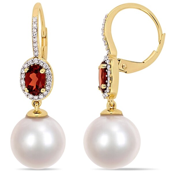 Miadora 10k Yellow Gold Cultured Freshwater Pearl 1/4ct TDW Diamond Garnet Drop Earrings (11-12mm). Opens flyout.