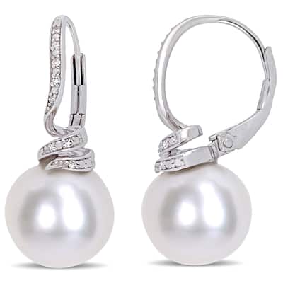 Miadora Sterling Silver Cultured Freshwater Pearl Diamond Swirl Leverback Earrings (11-12mm)