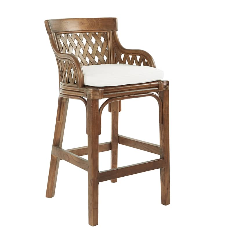 Plantation Cushioned Counter Stool with Woven Back Panels - Brown/White