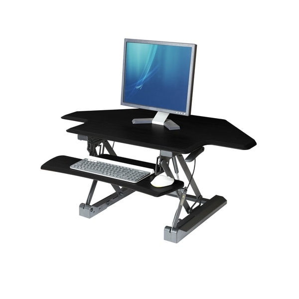 Seville Classics OFF65869 Airlift 43 Gas-Spring Corner//Cubicle Standing Desk Converter Workstation Ergonomic Dual Monitor Riser with Keyboard Tray and Phone//Tablet Holder Black