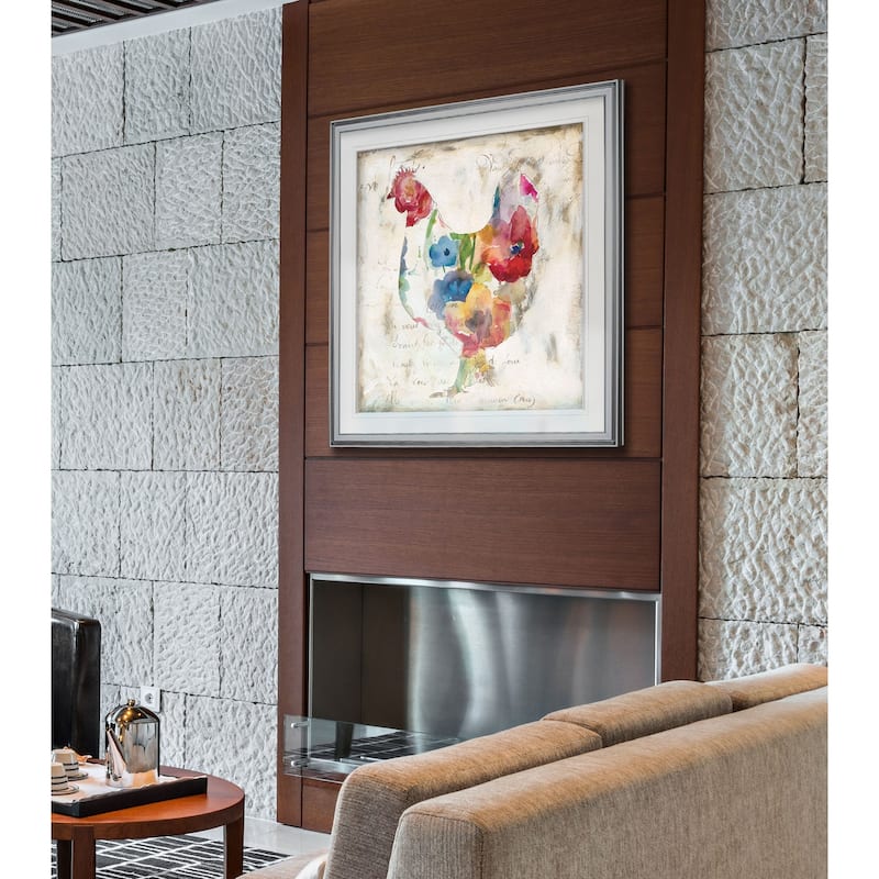 Flowered Hen -Custom Framed Print - blue, white, grey, yellow, green, silver, gold