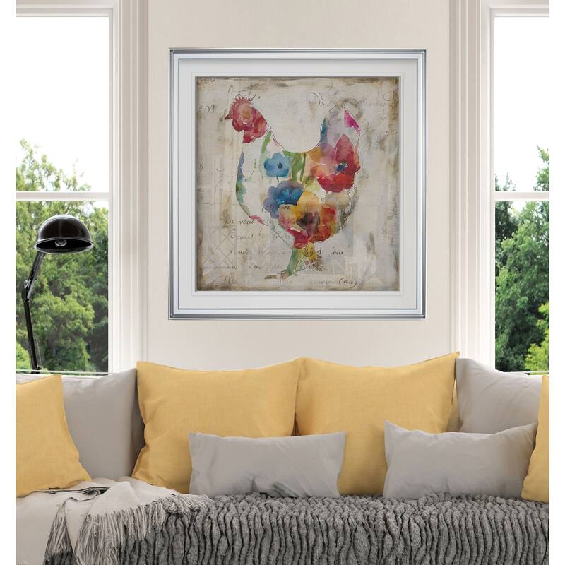 Flowered Hen -Custom Framed Print - blue, white, grey, yellow, green, silver, gold