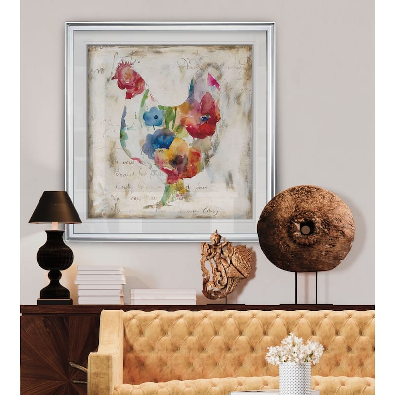 Flowered Hen -Custom Framed Print - blue, white, grey, yellow, green, silver, gold