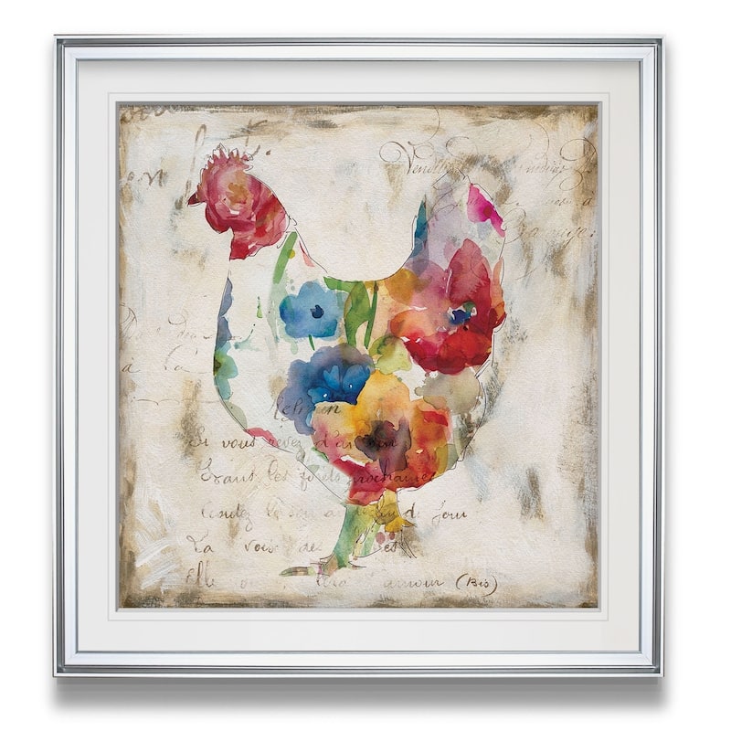 Flowered Hen -Custom Framed Print - blue, white, grey, yellow, green, silver, gold