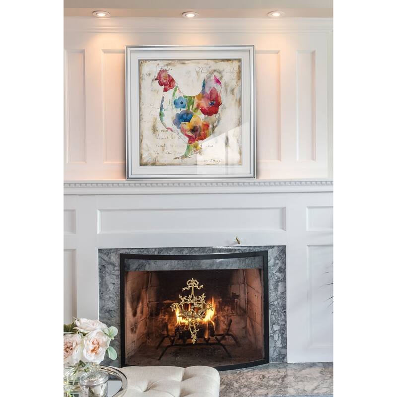 Flowered Hen -Custom Framed Print - blue, white, grey, yellow, green, silver, gold