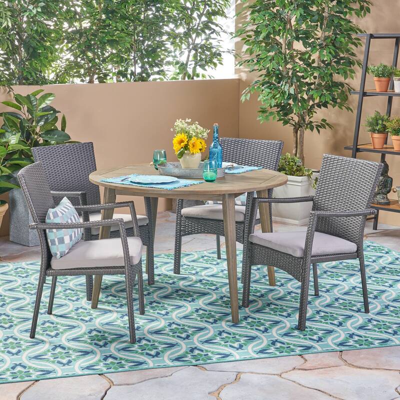 Haley Outdoor 5 Piece Wood and Wicker Dining Set by Christopher Knight Home - Grey