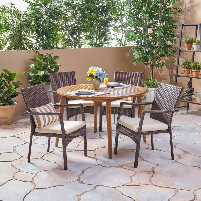 Haley Outdoor 5 Piece Wood and Wicker Dining Set by Christopher Knight Home - Teak Finish + Brown + Crème Cushion