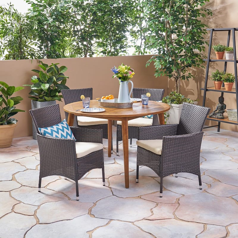 Biella Outdoor 5 Piece Wood and Wicker Dining Set by Christopher Knight Home - teak finish + multi brown + beige cushion