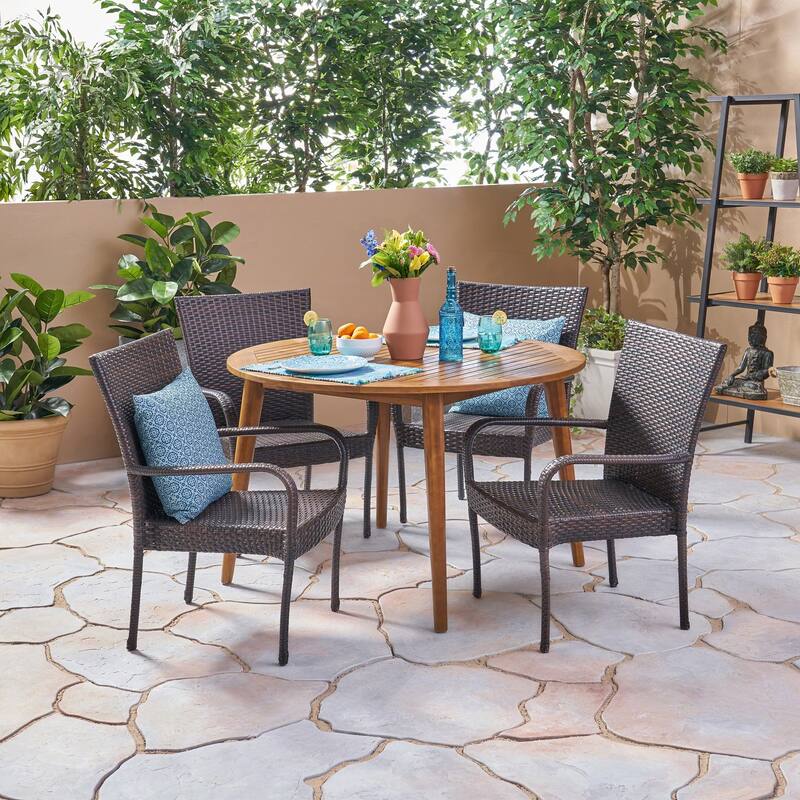 Reina Outdoor 5 Piece Wood and Wicker Dining Set by Christopher Knight Home - Teak Finish + Multi Brown
