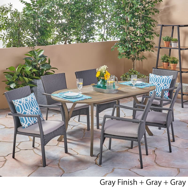 Landon Outdoor 7 Piece Wood and Wicker Dining Set