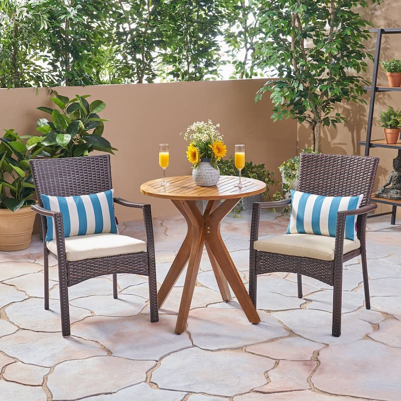 Kent Outdoor 3 Piece Acacia Wood and Wicker Bistro Set by Christopher Knight Home - N/A