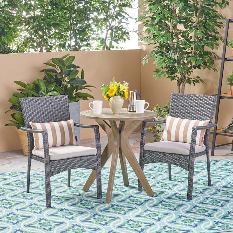 Kent Outdoor 3 Piece Acacia Wood and Wicker Bistro Set by Christopher Knight Home - N/A - Gray Finish + Gray