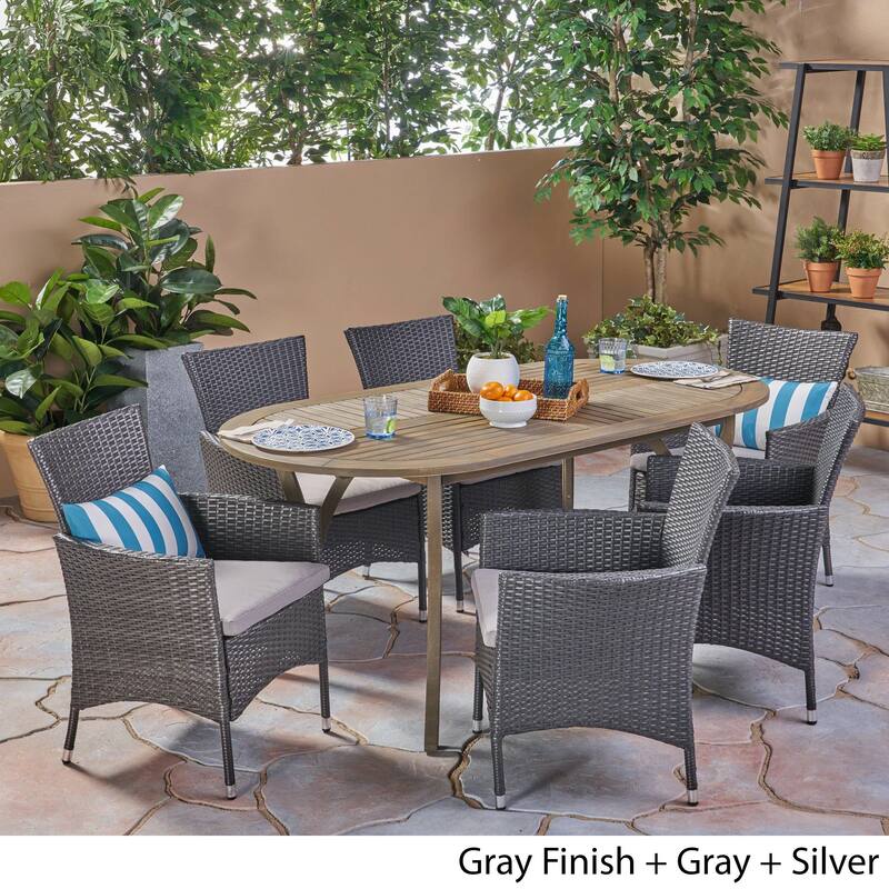 Wyatt Outdoor 7 Piece Wood and Wicker Dining Set