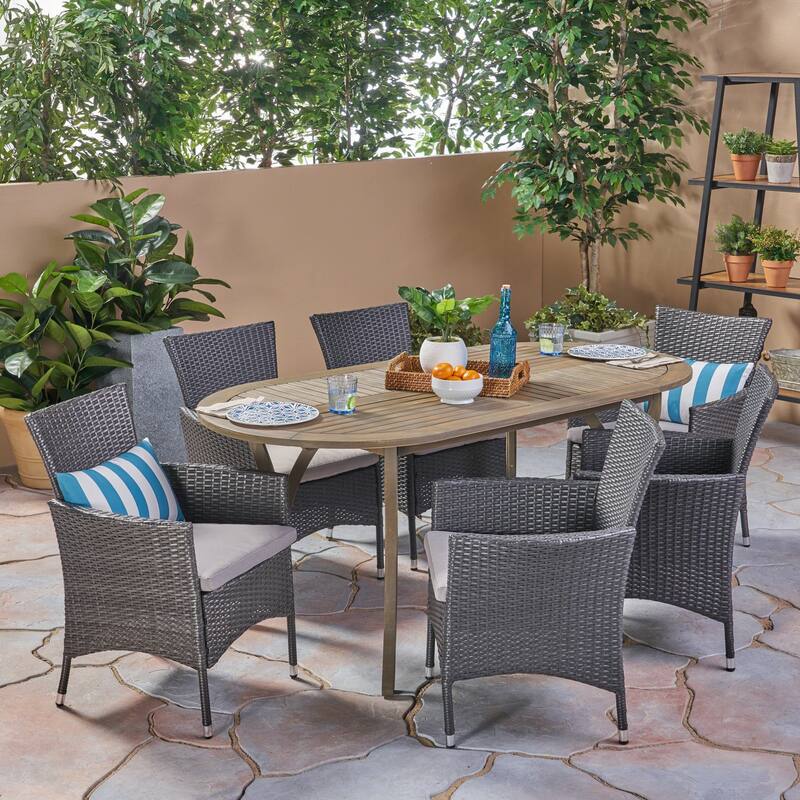 Wyatt Outdoor 7 Piece Wood and Wicker Dining Set - Grey