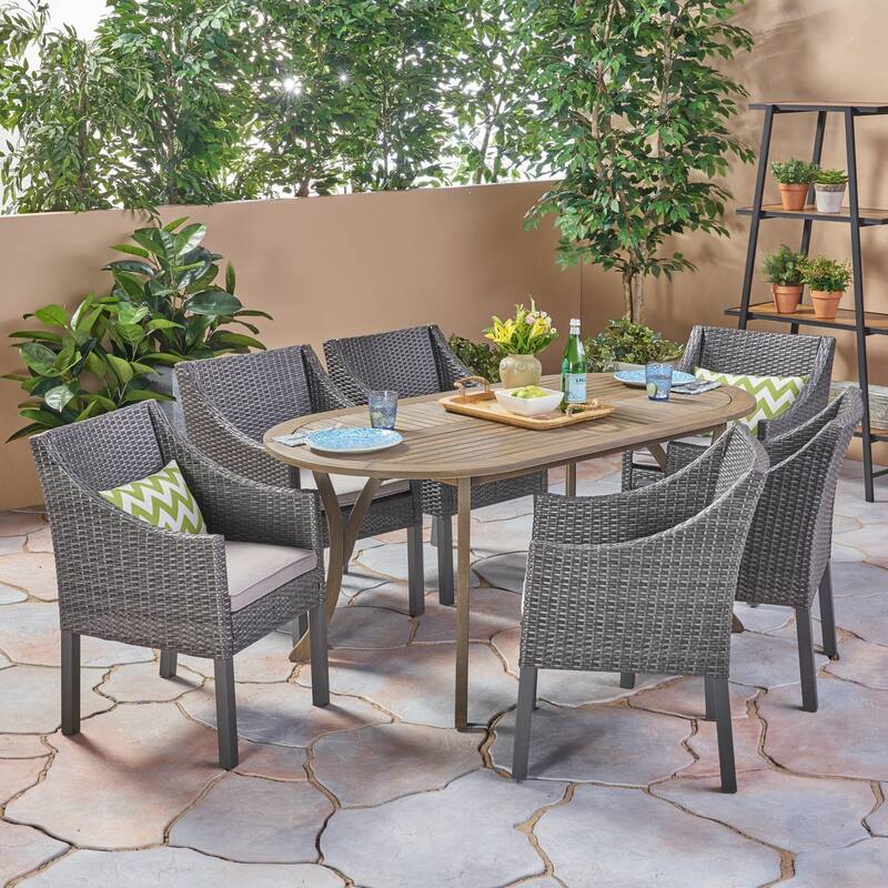 Vermont Outdoor 7 Piece Wood and Wicker Dining Set - Grey