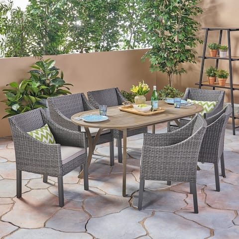 Vermont Outdoor 7 Piece Wood and Wicker Dining Set