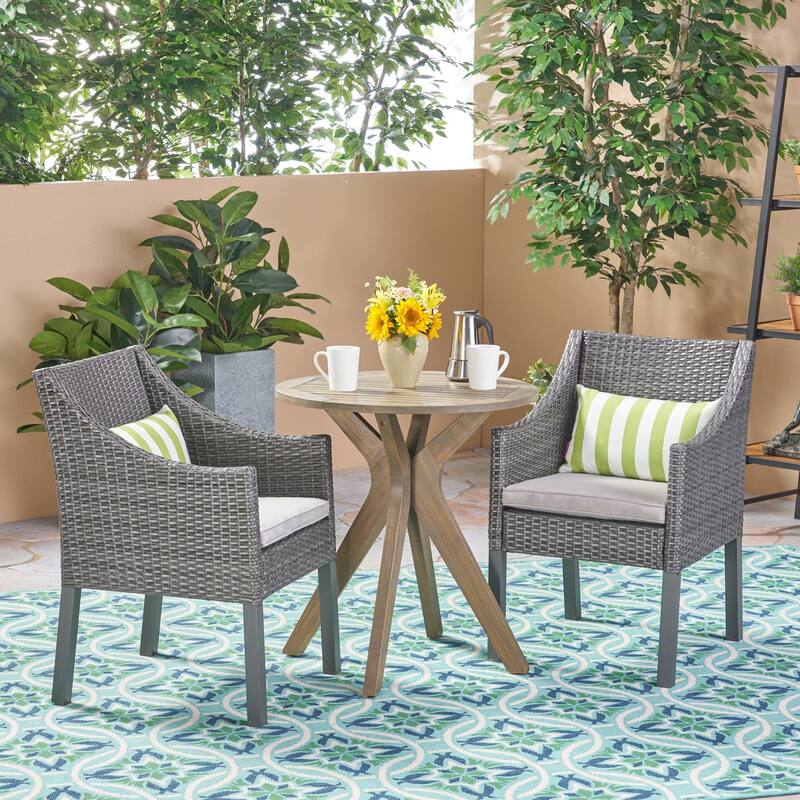 Arrigo Outdoor 3 Piece Acacia Wood and Wicker Bistro Set by Christopher Knight Home - Grey