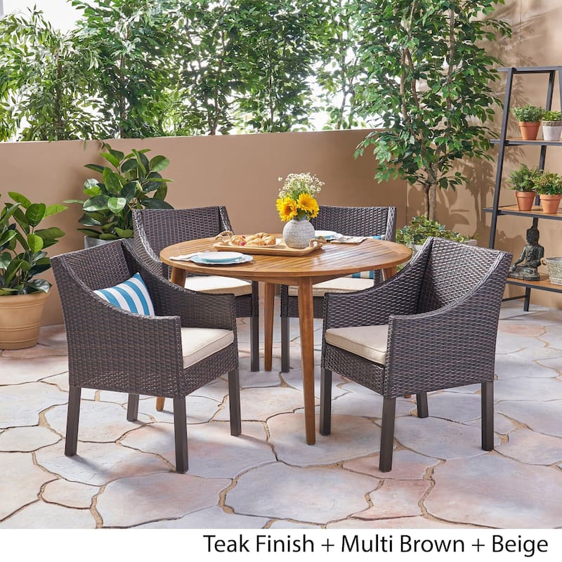 Torrence Outdoor 5 Piece Wood and Wicker Dining Set